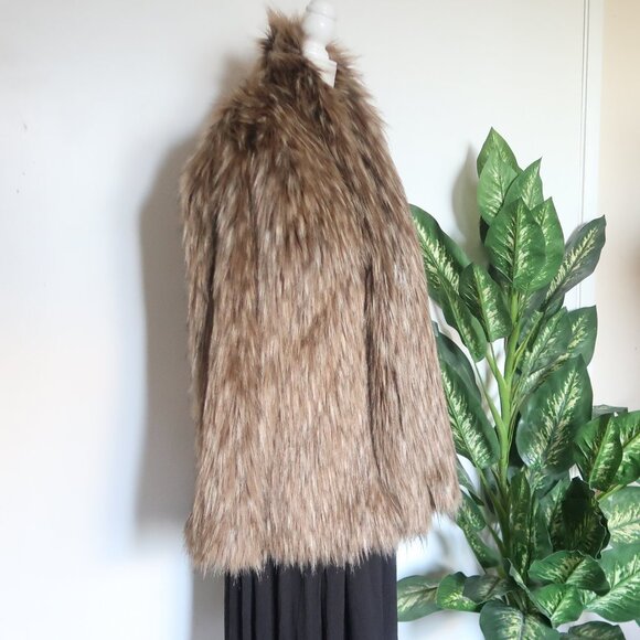 Lovers + Friends Fur Jacket Coat Taupe Brown Long Pile Open Front Mob Wife M - Picture 5 of 14